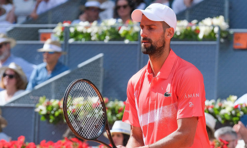 Novak Djokovic of Serbia in action against Matteo Arnaldi the Mutua Madrid Open at La Caja Magica on April 26, 2025 in Madrid, Spain