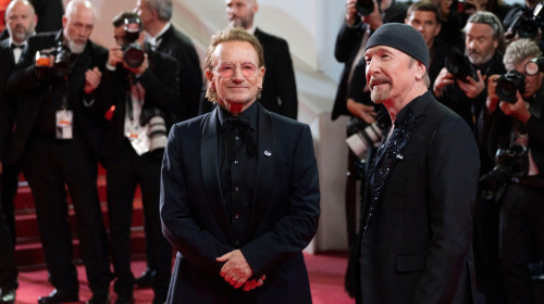 Cannes, France, May 16, 2025 - Bono Vox with David Howell Evans aka The Edge, attends the red carpet for the movie &quot;Bono: Stories of Surrender&quot; at 78° Festival de Cannes. Credits: Luigi de Pompeis/Alamy Live News