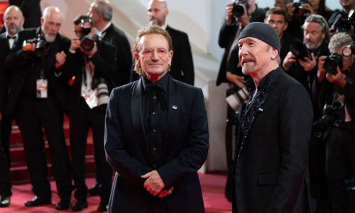 Cannes, France, May 16, 2025 - Bono Vox with David Howell Evans aka The Edge, attends the red carpet for the movie 