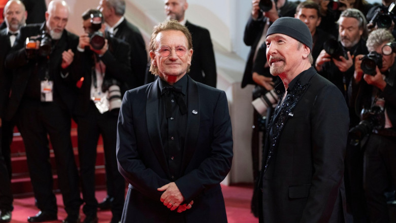 Cannes, France, May 16, 2025 - Bono Vox with David Howell Evans aka The Edge, attends the red carpet for the movie "Bono: Stories of Surrender" at 78° Festival de Cannes. Credits: Luigi de Pompeis/Alamy Live News