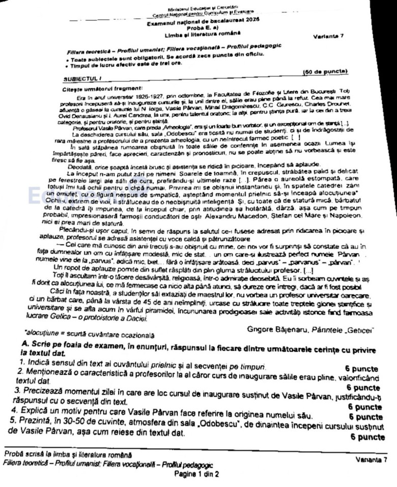 subiecte bac 2025, romana, profil uman (2)