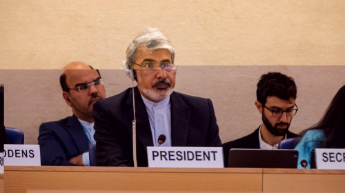 Protest against Iranís regime envoy&apos;s chairing of the UN Human Rights Councilís Social Forum in Geneva, Switzerland - 3 Nov 2023