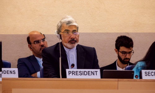 Protest against Iranís regime envoy's chairing of the UN Human Rights Councilís Social Forum in Geneva, Switzerland - 3 Nov 2023