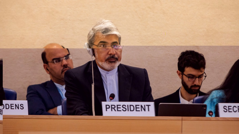 Protest against Iranís regime envoy's chairing of the UN Human Rights Councilís Social Forum in Geneva, Switzerland - 3 Nov 2023