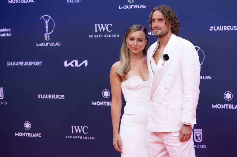 Paula Badosa and Stefanos Tsitsipas attended 'the Laureus World Sports 2025' Photocall at Galería de Cristal on April 21, 2025 in Madrid, Spain.