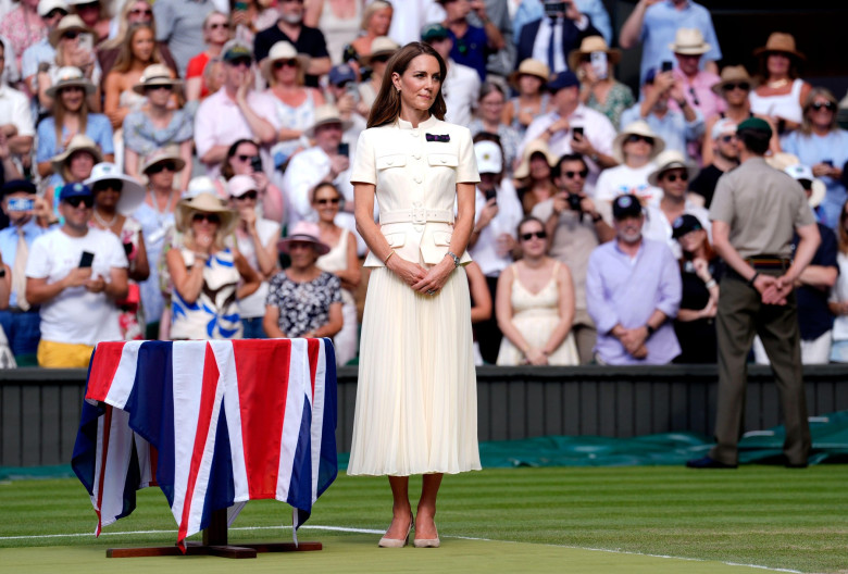 The Princess of Wales after presenting the Venus Rosewater Dish to Iga Swiatek following the Ladies' Singles Final on day thirteen of the 2025 Wimbledon Championships at the All England Lawn Tennis and Croquet Club, London. Picture date: Saturday July 12,
