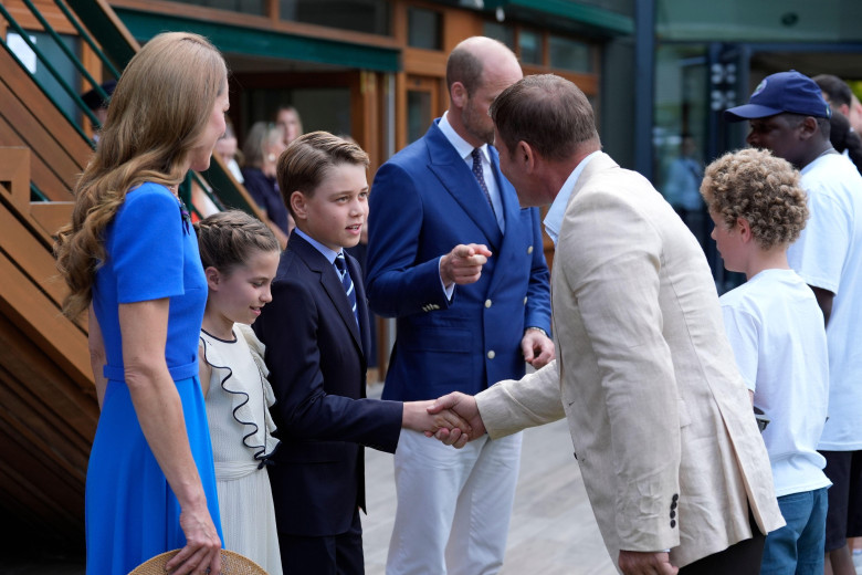 (left to right) the Princess of Wales, Princess Charlotte, Prince George and the Prince of Wales meet Steve Backshall, on day fourteen of the 2025 Wimbledon Championships at the All England Lawn Tennis and Croquet Club, London. Picture date: Sunday July 1