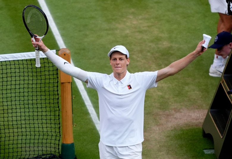 Jannik Sinner celebrates victory over Carlos Alcaraz following the Gentlemen's Singles Final on day fourteen of the 2025 Wimbledon Championships at the All England Lawn Tennis and Croquet Club, London. Picture date: Sunday July 13, 2025.