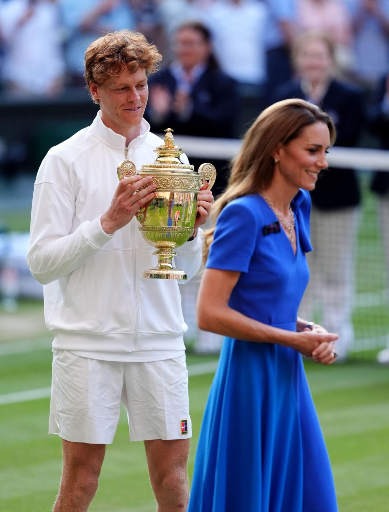 The Princess of Wales presents the Gentlemen's Singles Trophy to Jannik Sinner following his victory over Carlos Alcaraz on day fourteen of the 2025 Wimbledon Championships at the All England Lawn Tennis and Croquet Club, London. Picture date: Sunday July