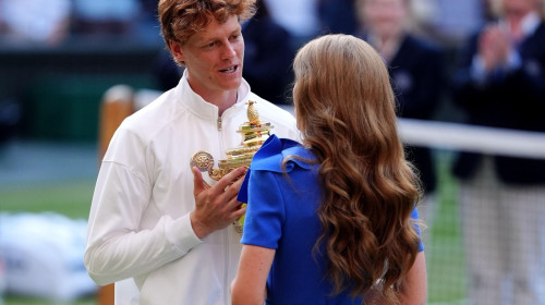 The Princess of Wales presents the Gentlemen&apos;s Singles Trophy to Jannik Sinner following his victory over Carlos Alcaraz on day fourteen of the 2025 Wimbledon Championships at the All England Lawn Tennis and Croquet Club, London. Picture date: Sunday July