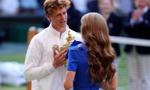 The Princess of Wales presents the Gentlemen's Singles Trophy to Jannik Sinner following his victory over Carlos Alcaraz on day fourteen of the 2025 Wimbledon Championships at the All England Lawn Tennis and Croquet Club, London. Picture date: Sunday July