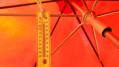 Global Heat wave in the summer, parasol and and thermometer displaying high temperature, free copy space