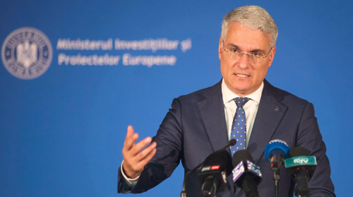 Bucharest, Romania. 30th July, 2025: Dragos Pislaru, Romanian Minister of Investments and European Projects, holds a press conference one month after taking office, at the Ministry headquarters in Bucharest. Credit: Lucian Alecu/Alamy Live News