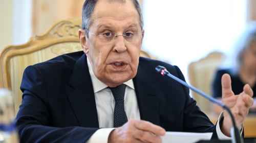 Talks between Russian Foreign Minister Sergey Lavrov and Syrian Foreign Minister and Communities Abroad Minister Asaad al-Shibani at the Russian Foreign Ministry Reception House.