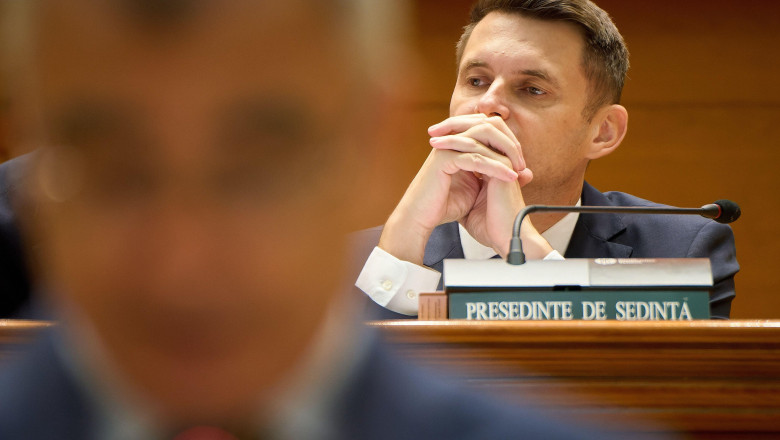 Bucharest, Romania. 10th July, 2025: Mircea Abrudean, president of the Senate, during the reading of the no-confidence motion against the Bolojan government, filed by the Alliance for the Union of Romanians (AUR), in the joint plenary of the Chambers of t
