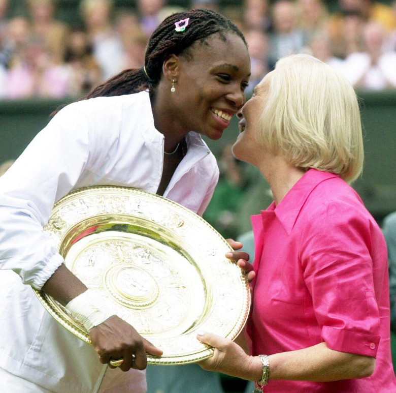 File photo dated 08/07/01 of the Duchess of Kent presenting the ladies singles trophy to USA's Venus Williams after she beat Justine Henin of Belgium during the Womens Final match at the 2001 Lawn Tennis Championships at Wimbledon, London. The Duchess of