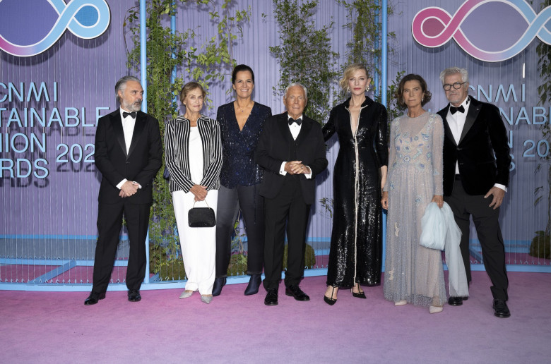 Event: (id=128138) 5^ Ed. Cnmi Sustainable Fashion Awards 2022; Backdrop parte 1. Location: Mi Teatro Alla Scala. People: Camerana Andrea, Hutton Lauren, Armani Roberta, Armani Giorgio, Blanchett Cate, Armani Silvana, Dell'Orco Leo.