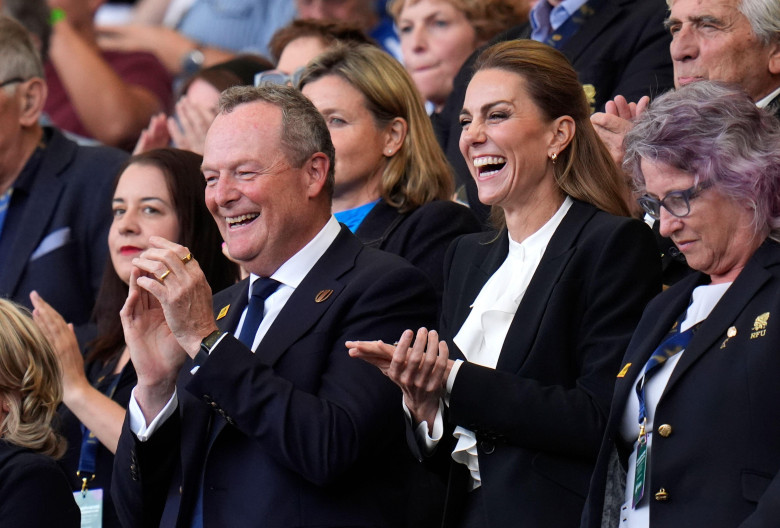 The Princess of Wales with Jonathan Webb, Vice-Chair of the Executive Board of World Rugby (left) in the stands before the Women's Rugby World Cup 2025 pool A match at the Brighton and Hove Albion Stadium, Brighton. Picture date: Saturday September 6, 202