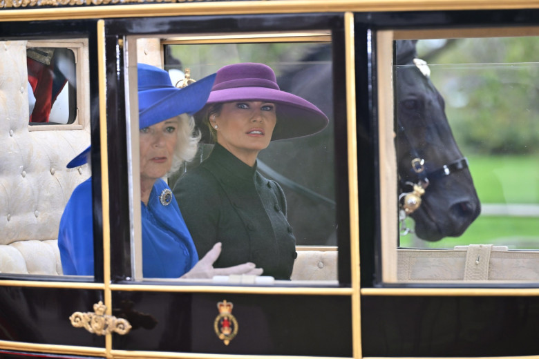 Queen Camilla and First Lady Melania Trump during the carriage procession to Windsor Castle, Berkshire, ahead of the ceremonial welcome on day one of the US President Donald Trump's second state visit to the UK. Picture date: Wednesday September 17, 2025.