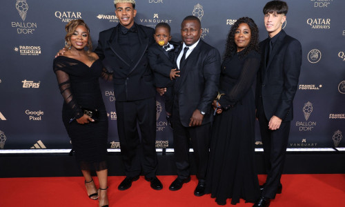 Lamine Yamal with his family attends the 69th Ballon D'Or Photocall at Theatre Du Chatelet in Paris, September 22, 2025, France. Photo by Jerome Domine/ABACAPRESS.COM