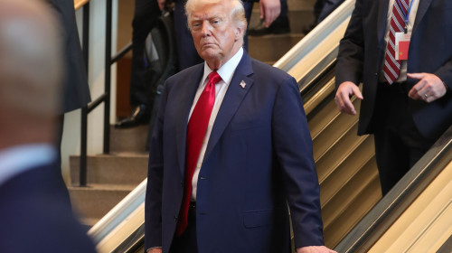 Donald Trump Exits United Nations With Careful Steps On Stairs, New York, United States - 23 Sep 2025
