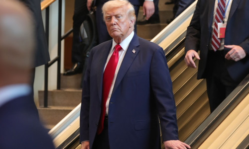 Donald Trump Exits United Nations With Careful Steps On Stairs, New York, United States - 23 Sep 2025