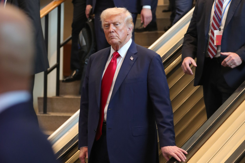 Donald Trump Exits United Nations With Careful Steps On Stairs, New York, United States - 23 Sep 2025