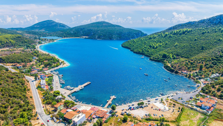 Aerial view of Koufo Port, Sithonia, Halkidiki, Greece.