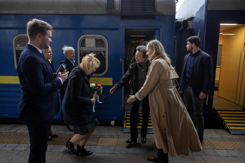 The Princess Royal (centre) is greeted at the train station in Kyiv, after making a surprise trip to Ukraine in a show of solidarity with children and families facing the horrors of the Russian invasion. The King's sister travelled to the war-torn country