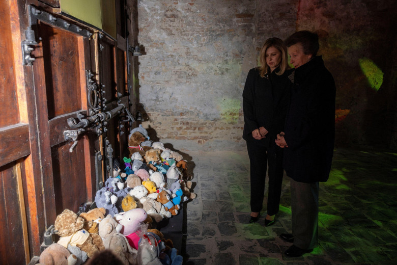 The Princess Royal (right) and Ukraine's First Lady Olena Zelenska view soft toys during a visit to the Children's Memorial at the National Museum of the History of Ukraine in the Second World War Memorial Complex, in Kyiv, for children killed in the conf