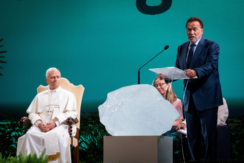 Castel Gandolfo, Italy. 01st Oct, 2025. Arnold Schwarzenegger delivers his speech during the International conference "Raising Hope for Climate Justice", in Castel Gandolfo. Credit: SOPA Images Limited/Alamy Live News