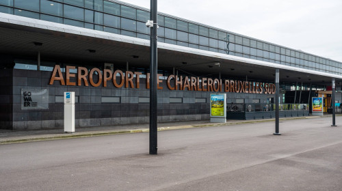Charleroi Airport, Belgium - March 20, 2023 - Sign and terminal of the Brussels South Charleroi International Airport