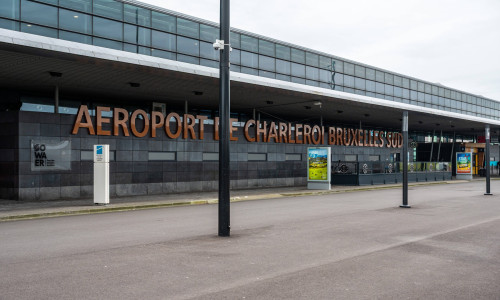 Charleroi Airport, Belgium - March 20, 2023 - Sign and terminal of the Brussels South Charleroi International Airport