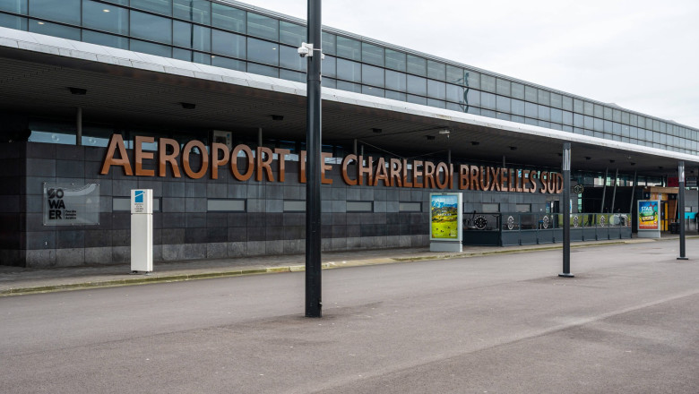 Charleroi Airport, Belgium - March 20, 2023 - Sign and terminal of the Brussels South Charleroi International Airport
