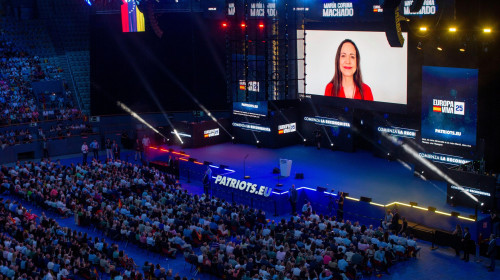 Madrid, Spain. 14th Sep, 2025. Video of Venezuelan politician Maria Corina Machado addressing the audience, during the "Europa Viva 2025" event, held at the Vistalegre Palace in Madrid. Europa Viva 2025 is the convention of the Spanish far-right party VOX