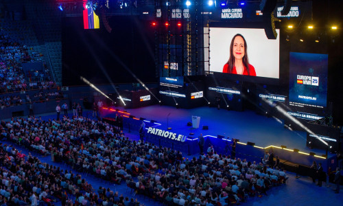 Madrid, Spain. 14th Sep, 2025. Video of Venezuelan politician Maria Corina Machado addressing the audience, during the 
