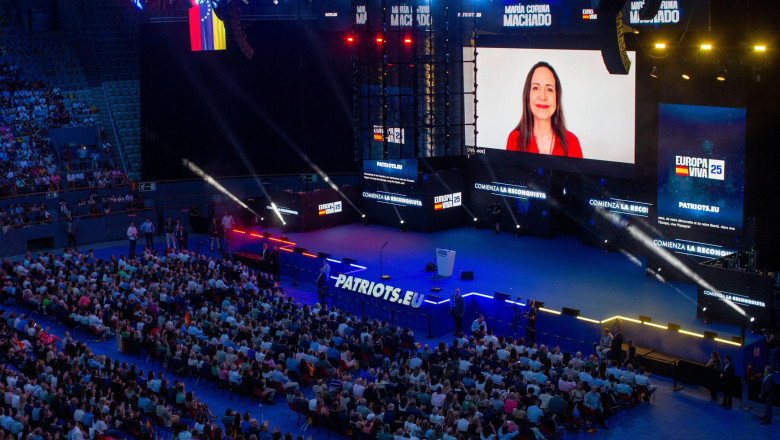 Madrid, Spain. 14th Sep, 2025. Video of Venezuelan politician Maria Corina Machado addressing the audience, during the "Europa Viva 2025" event, held at the Vistalegre Palace in Madrid. Europa Viva 2025 is the convention of the Spanish far-right party VOX