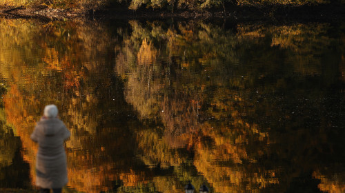 Autumnal foliage is reflected on Loch Faskally, in Pitlochry