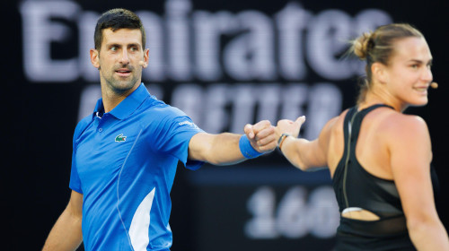 January 11, 2024: Novak Djokovic and Aryna Sabalenka team up for a doubles match on Rod Laver Arena in a charity event for the Australian Tennis Foundation ahead of the Australian Open which starts on 14 January. Sydney Low/Cal Sport Media