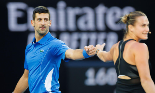 January 11, 2024: Novak Djokovic and Aryna Sabalenka team up for a doubles match on Rod Laver Arena in a charity event for the Australian Tennis Foundation ahead of the Australian Open which starts on 14 January. Sydney Low/Cal Sport Media