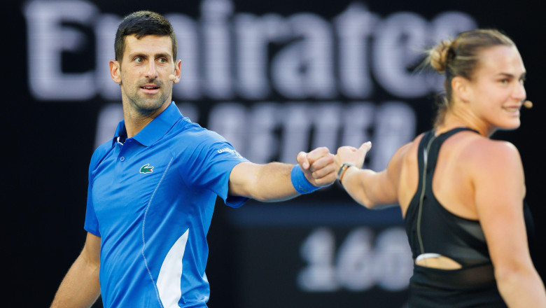 January 11, 2024: Novak Djokovic and Aryna Sabalenka team up for a doubles match on Rod Laver Arena in a charity event for the Australian Tennis Foundation ahead of the Australian Open which starts on 14 January. Sydney Low/Cal Sport Media