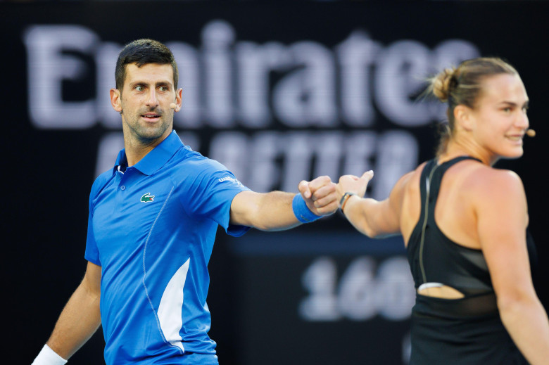 January 11, 2024: Novak Djokovic and Aryna Sabalenka team up for a doubles match on Rod Laver Arena in a charity event for the Australian Tennis Foundation ahead of the Australian Open which starts on 14 January. Sydney Low/Cal Sport Media