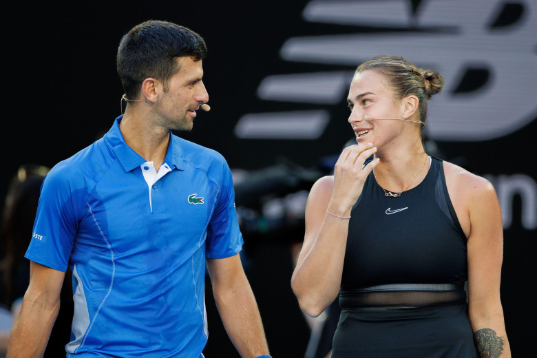 January 11, 2024: Novak Djokovic and Aryna Sabalenka team up for a doubles match on Rod Laver Arena in a charity event for the Australian Tennis Foundation ahead of the Australian Open which starts on 14 January. Sydney Low/Cal Sport Media(Credit Image: