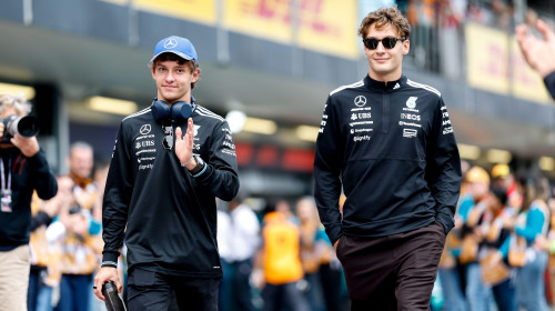 KIMI ANTONELLI Andrea (ita), Mercedes AMG F1 Team W16, portrait and RUSSELL George (gbr), Mercedes AMG F1 Team W16, portrait during the 2025 Formula 1 Qatar Airways Azerbaijan Grand Prix, 17th round of the 2025 FIA Formula One World Championship from Sept