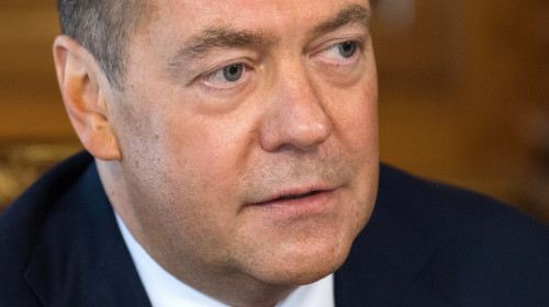 Deputy head of Russia's Security Council Medvedev gives interview outside Moscow