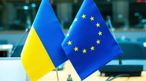 Flag during the EU-Ukraine Association Council in the the European Council an institution of the European Union in Brussels in Belgium the 9th of Apri