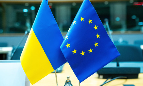 Flag during the EU-Ukraine Association Council in the the European Council an institution of the European Union in Brussels in Belgium the 9th of Apri