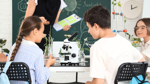 Pupils with microscope on table in Biology class at school, back view
