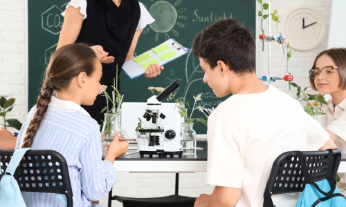 Pupils with microscope on table in Biology class at school, back view