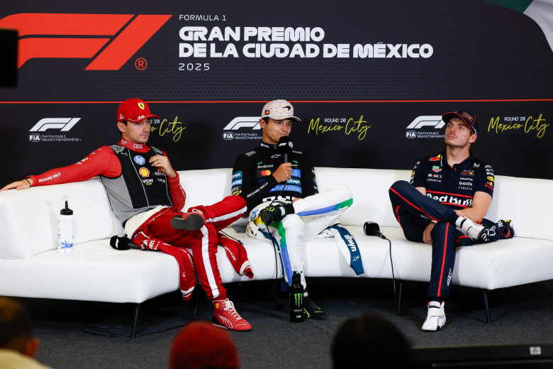 LECLERC Charles (mco), Scuderia Ferrari SF-25, portrait, NORRIS Lando (gbr), McLaren F1 Team MCL39, portrait, VERSTAPPEN Max (ned), Red Bull Racing RB21, portrait in the press conference during the 2025 Formula 1 Mexico City Grand Prix, 20th round of the
